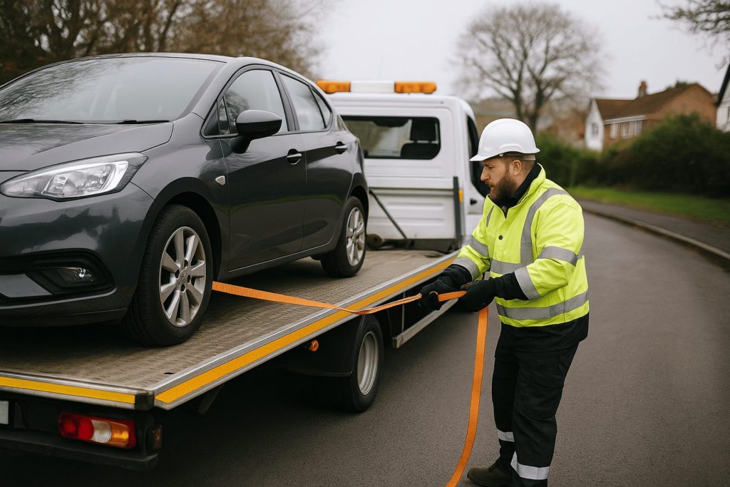 A recovery worker in hi-vis secures a dark grey hatchback onto a flatbed truck during recovery for cars in Swansea