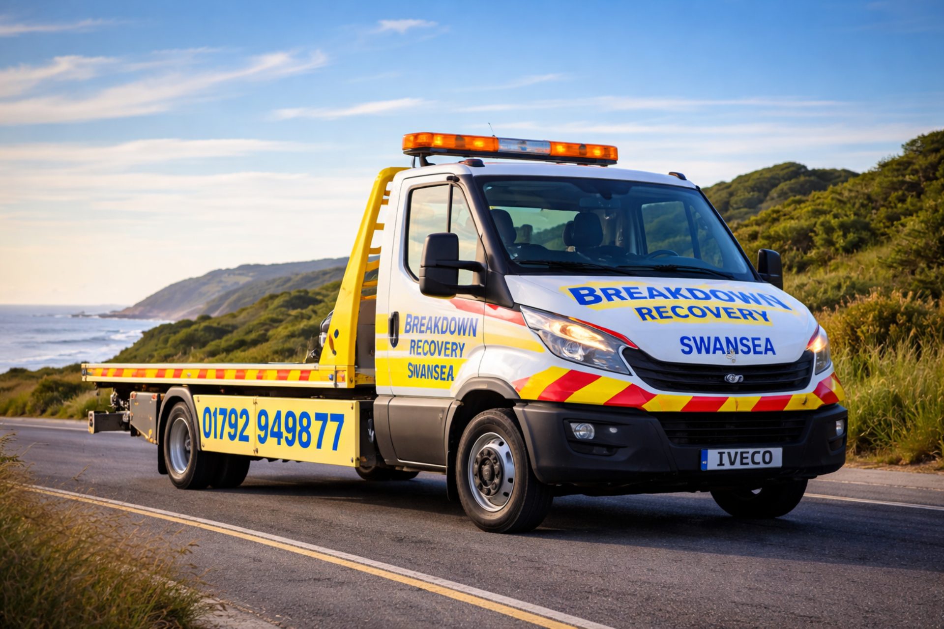 A Swansea tow truck driving on a coastal road